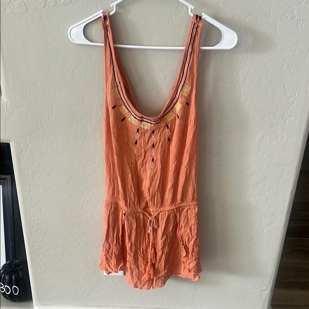Orange Sleeveless Romper with Embroidered Details
